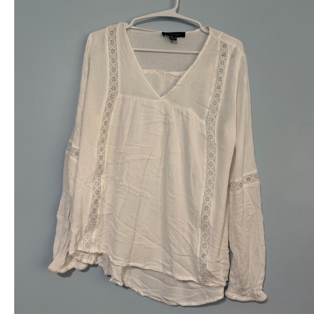 Atmosphere Size 8 Crinkle Gauze Blouse Long Sleeve Crochet Lace Square Neck 1043